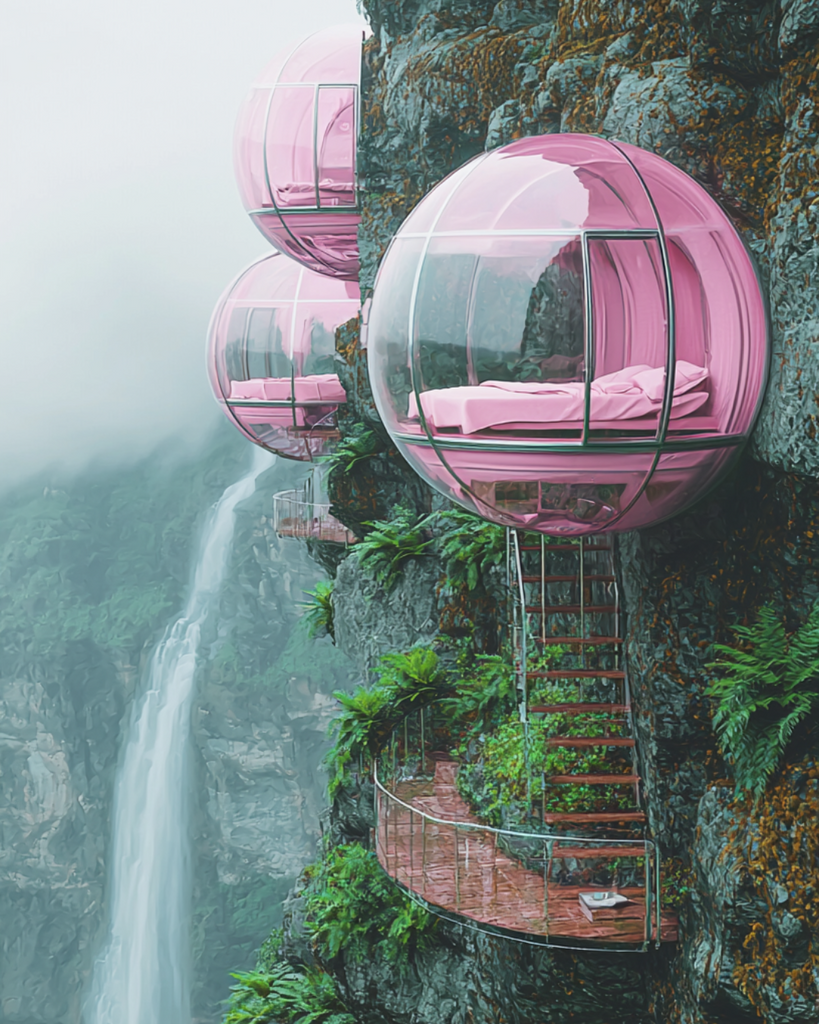 🏝️ The Neon Nomad Resort: Sip, Sleep & Sparkle Inside a Barbiecore Dream on a Cliff 🌫️💖